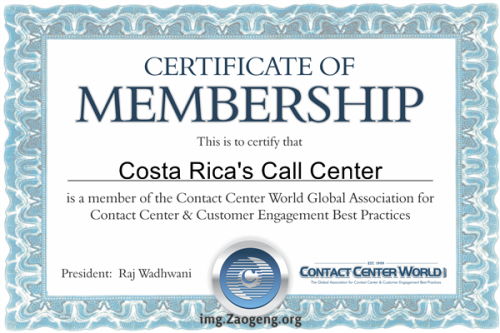 CONTACT CENTER WORLD CERTIFICATE OF MEMBERSHIP COSTA RICA'S CALL CENTER